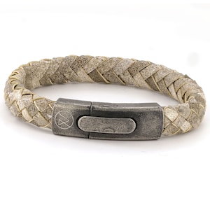 Sea Shell ROXCS branded Hidden Message Leather Bracelet for men, with a Vintage style Front Button Steel Clasp with inside engraving.