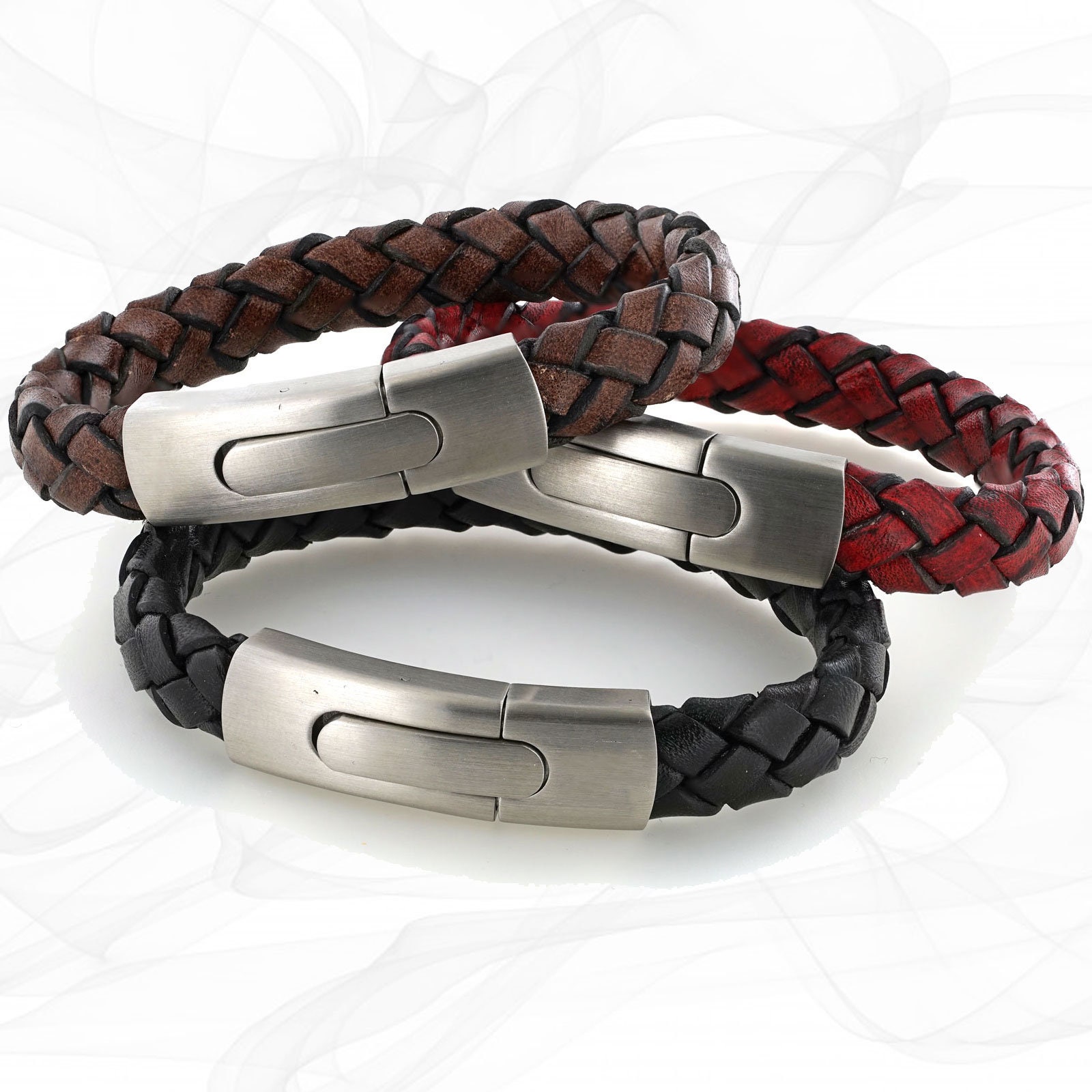 Mens Braided Leather Bracelet, Brushed Stainless Steel Clasp, Personalized Hidden Message