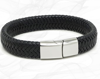 Black Premium Soft Leather Braided Bracelet - Woven Bracelet -  For Men or Boys - Mens Gift - 17, 19, 21, 23cm - Gift Bag - by Roxcs - TN004