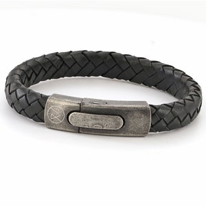 Matt Black ROXCS branded Hidden Message Leather Bracelet for men, with a Vintage style Front Button Steel Clasp with inside engraving.