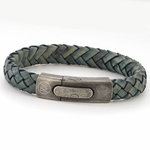 Turquoise Green ROXCS branded Hidden Message Leather Bracelet for men, with a Vintage style Front Button Steel Clasp with inside engraving.