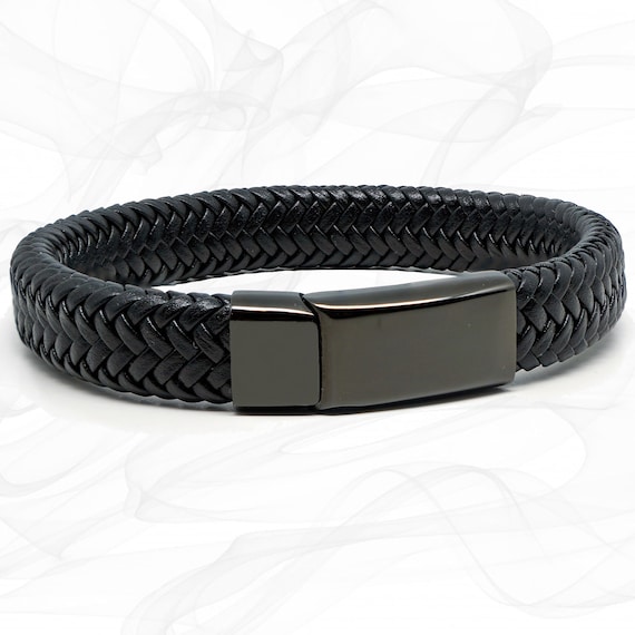 All Black Braided Premium Soft Waterproof Leather Bracelet and Gift Pouch For Men or boys Sliding Black Magnetic clasp by Roxcs TN003