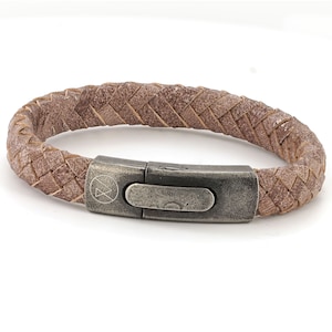 Mojave Sand ROXCS branded Hidden Message Leather Bracelet for men, & a Vintage style Front Button Steel Clasp. From the &quot;Dirty Vegas&quot; range