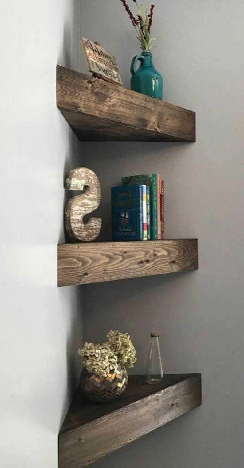 Corner shelves.  Handmade solid wood floating triangle corner shelve. Triangle corner shelves. Easy installation. Woodworking. Remodeling. 
