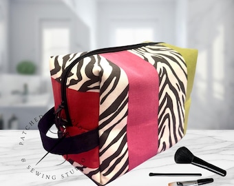 Personalized Zebra Print Makeup Carrier | Cosmetic & Toiletry Organizer | Custom Embroidered Boxy Bag