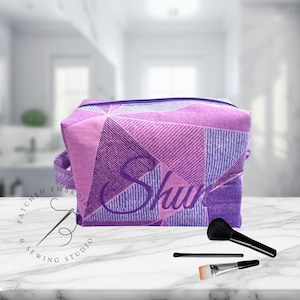 Personalized Purple Patchwork Makeup Carrier | Cosmetic & Toiletry Organizer | Custom Embroidered Boxy Bag