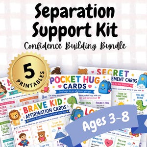 Puede incluir: Un kit de apoyo a la separación Confidence Building Bundle con 5 imprimibles para edades de 3 a 8 años. La colección incluye tarjetas de afirmación Brave Kid, tarjetas Pocket Hug y tarjetas de aliento con ilustraciones coloridas.
