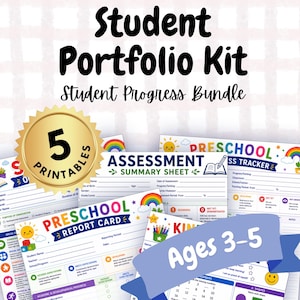 Op de afbeelding: Een studentenportfolio-kit en voortgangsbundel met vijf printbare documenten voor kinderen van 3-5 jaar. De set bevat een kleuterrapport, een beoordelingsblad en een voortgangstracker met kleurrijke iconen en tekst.