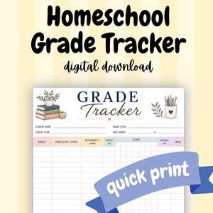 Könnte beinhalten: Eine digitale Vorlage zur Notenverfolgung für den Heimunterricht mit der Überschrift Grade Tracker, einem Bücherstapel, einem grünen Apfel und einem Stiftebecher. Das Formular enthält Felder für Name, Schuljahr und eine Notentabelle.