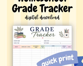 以下が含まれることがあります： Grade Trackerと書かれたホームスクール用成績管理テンプレート。本、緑のリンゴ、ペン立てのイラストが描かれています。生徒名、学年、科目、成績を記入するための表形式のデジタルダウンロード用フォームです。