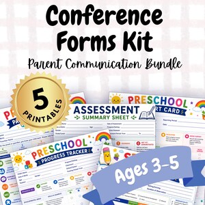 Puede incluir: Un kit de formularios titulado Conference Forms Kit Parent Communication Bundle que incluye cinco hojas imprimibles de evaluación y seguimiento del progreso para niños de 3 a 5 años, decoradas con iconos coloridos como arcoíris y soles.