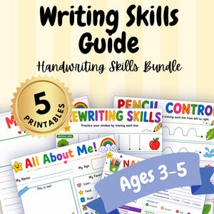 May include: A Writing Skills Guide and Handwriting Skills Bundle featuring five printable worksheets for children ages 3-5. The pages include an All About Me form, pencil control tracing exercises, and skill assessment charts with colorful graphics.