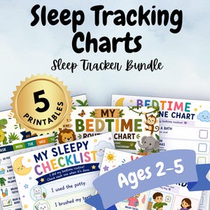 Può includere: Una raccolta di grafici per il monitoraggio del sonno e liste di controllo per la routine della buonanotte per bambini. I documenti presentano illustrazioni colorate di animali, stelle e attività quotidiane con testo tra cui Sleep Tracking Charts.