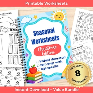 May include: A spiral-bound book titled Seasonal Worksheets Christmas Edition with a blue cover featuring a sun, apple, and books. The cover includes text: instant download, zero prep work, age specific. Includes 8 worksheets with activities.