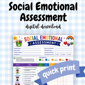 Puede incluir: Un formulario de evaluación socioemocional para descarga digital con un encabezado que muestra un arcoíris, estrellas y un portalápices. El documento incluye secciones para datos del estudiante, una clave de respuesta y una tabla de habilidades.