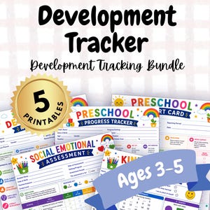 Puede incluir: Un paquete de seguimiento del desarrollo con cinco páginas imprimibles para niños de 3 a 5 años. Los documentos incluyen un rastreador de progreso preescolar, una evaluación socioemocional y una boleta de calificaciones con gráficos coloridos.