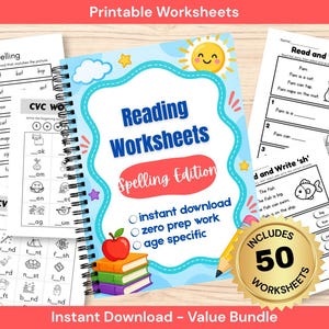 May include: A spiral-bound book titled Reading Worksheets Spelling Edition with a blue cover featuring a sun, apple, and books, surrounded by several black and white printable worksheets with CVC spelling and reading exercises for children.