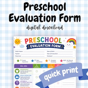 Puede incluir: Un formulario de evaluación preescolar en descarga digital con un encabezado colorido que muestra un sol y un arcoíris. El documento incluye secciones para información del niño, una escala de calificación con estrellas y una tabla de habilidades.