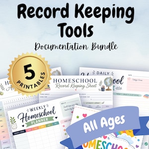 May include: A digital documentation bundle titled Record Keeping Tools featuring five printable homeschool planner sheets. The pages include a weekly homeschool planner, a daily homeschool record keeping sheet, and various organizational charts with colorful graphics.