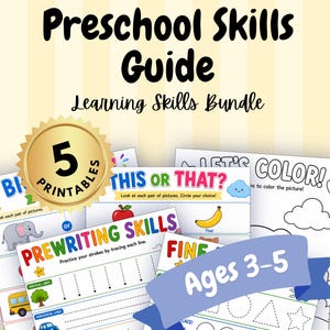 Puede incluir: Un paquete de aprendizaje Preschool Skills Guide con 5 imprimibles para edades de 3 a 5 años. Las hojas educativas incluyen actividades como trazar líneas verticales, horizontales y diagonales, colorear formas y elegir entre pares de imágenes.