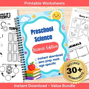 May include: A spiral-bound preschool science workbook with a light blue cover featuring a smiling sun, a red apple, and a stack of books. The cover text reads Preschool Science, Science Edition, instant download, zero prep work, age specific.