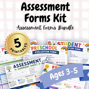 May include: A digital assessment forms kit bundle featuring five printable documents for preschool students aged 3-5. The forms include evaluation sheets, summary sheets, and developmental progress trackers with colorful icons, checkboxes, and clear text labels.