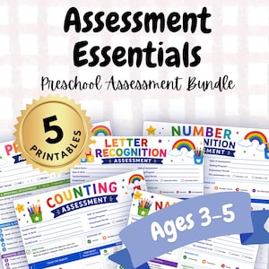May include: A preschool assessment bundle featuring multiple printable worksheets with colorful graphics including rainbows and stars. The documents include titles such as Assessment Essentials, Letter Recognition, Counting Assessment, and Ages 3-5.