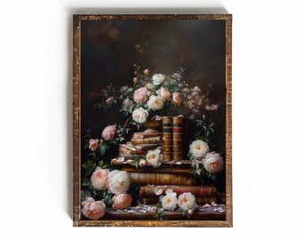 May include: A framed painting of a still life featuring a bouquet of pink and white roses in a vase, with antique books stacked beneath. The background is a dark brown.