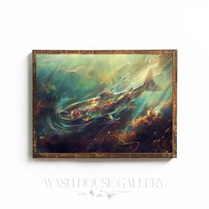 Impression de truite arc-en-ciel d'art mural pêche pour cabane Décoration rustique pour cabane Art mural de truite peinture cadeau pour papa pêcheur cadeau impression pêche à la mouche