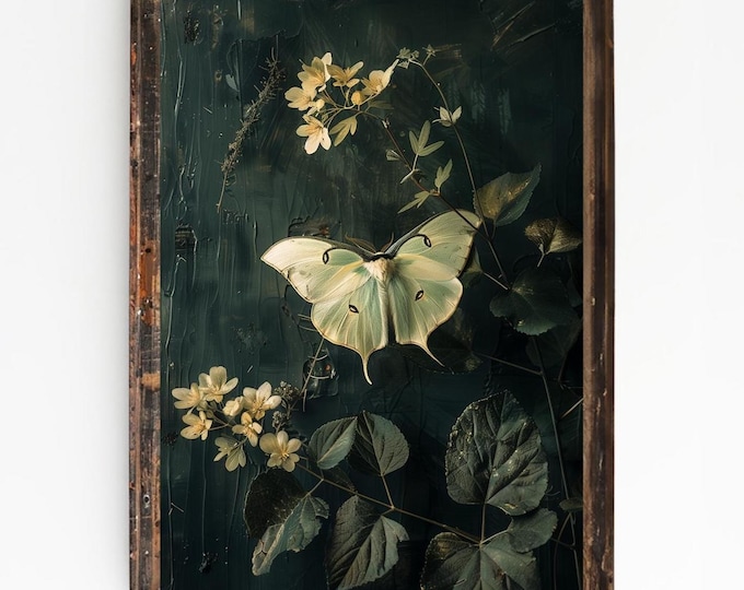 Luna Moth Print | Dark Cottagecore Wall Art | Dark Botanical Prints | Vintage Goth Wall Art | Whimsigoth art | Witchy Academia Aesthetic