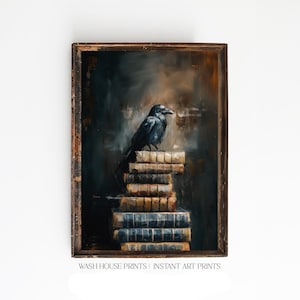 May include: A framed painting of a black crow perched on a stack of old, leather-bound books. The background is a dark, moody, and textured.