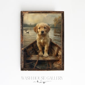 Yellow Lab Puppy in a boat Printable | Labrador Retriever Wall Art | Duck Hunting Wall Art | Duck Hunter Gifts | Dog Lover gift | Dog Art
