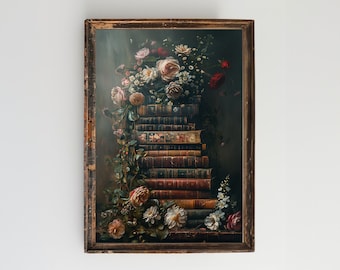 Decoração de parede com tema dark academic, obras de arte de livros vintage, arte de parede para impressão de livros antigos, decoração cottagecore, arte de parede melancólica, arte de parede floral