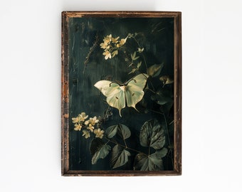 Luna Moth Print | Dark Cottagecore Wall Art | Dark Botanical Prints | Vintage Goth Wall Art | Whimsigoth art | Witchy Academia Aesthetic