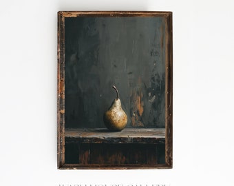 May include: A painting of a single pear on a wooden shelf. The pear is a light green color with brown spots. The background is a dark green and brown color.