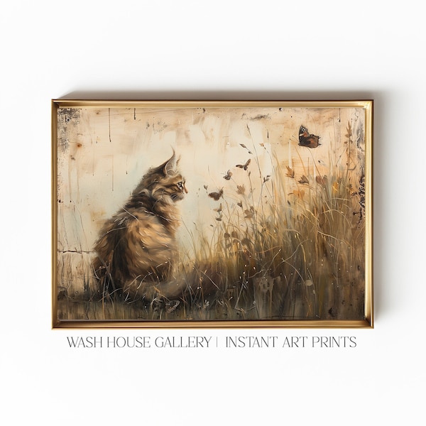 MAIN COONE Wall Art Cottagecore Cat Oil Painting Printable Flower Meadow Wall Art Main Coon Cat and Butterfly Wall Art Vintage Cottagecore