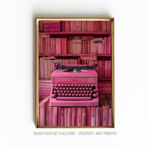 Hot pink maximalist wall art of a pink typewriter in an all pink library. Pink books wall art print. Retro typewriter pink. Pink Retro typewriter. Pink typewriter wall art. Pink Aesthetic Wall Art. Hot Pink Gallery Wall Art. Pink bedroom decor.