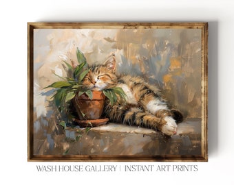 Tabby Cat Sleeping in Potted Plant Print Cottagecore Kitten Printable Cat Art Print Cottagecore Decor Cat Theme Art Gift for Cat Mom Gift