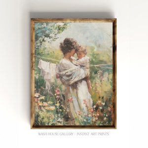 Impresión de maternidad Cottagecore, impresión de madre e hijo, impresión artística vintage de maternidad, arte de pared para lavadero Cottagecore