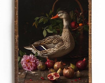 Dark Kitchen Wall Art for Kitchen Dark Fruit Print Vintage Duck Printable Dining Room Wall Art Moody Floral Art Moody Wall Art Dark Academia