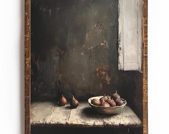 Pintura de figo com estampa de frutas escuras para impressão, arte de parede para cozinha Dark Academia, decoração de cozinha temperamental, arte de parede Dark Cottagecore para decoração de sala de jantar