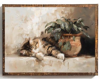 Schlafende Katze Cottagecore Katze Wand Kunst Vintage Katze Art Instant Download Kunstdruck Geschenk für Katzenliebhaber Geschenk für Katzenmama