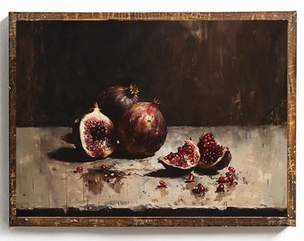 May include: A still life painting of figs and pomegranates. The figs are a deep purple color and the pomegranates are a bright red. The painting is set against a dark background and the fruit is arranged on a light gray surface.