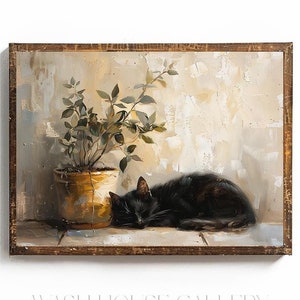 黒猫の印刷可能なコテージコア猫の壁アート コテージコア夏の壁アート ヴィンテージ猫の絵画プリント 猫の寝顔の印刷可能な猫ママへのギフト
