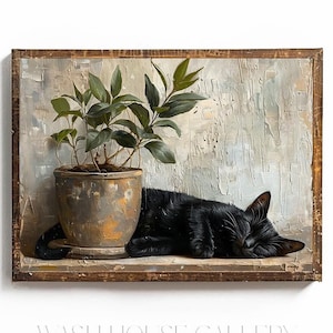 コテージコアの猫の絵画 印刷可能 黒猫プリント 眠っている猫のアート コテージコア キッチン装飾用ウォールアート コテージコア 猫ママへのギフト