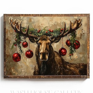 Decoración navideña de cabaña, arte rústico navideño para pared, arte navideño imprimible para cabaña, arte de pared de alce, arte navideño de alce, Navidad divertida