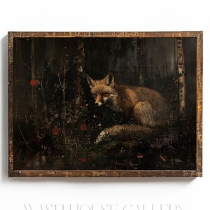 RED FOX PAINTING Print Dark Academia Fox Wall Art Vintage Fox Painting Printable Dark Cottagecore Wall Art Dark Forest Wall Art Black Art