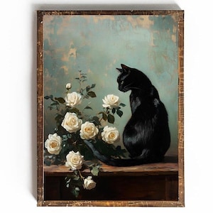 黒猫 印刷可能 コテージコア 猫 ウォールアート コテージコア バラの絵 カスタム猫アート 猫ママへのギフト ギフト ヴィンテージ 猫の絵 ブルーアート