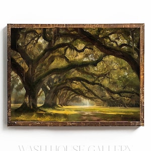 Arte de pared de roble vivo, decoración cottagecore, impresión de acuarela de Avenue of Oaks, impresión de roble vivo musgoso, impresión de árbol vintage, impresión de Charleston, impresión de Savannah