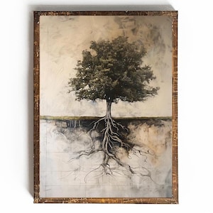 May include: A framed painting of a tree with its roots exposed, set against a light brown background. The tree has a dark green canopy and the roots are a dark brown color. The painting is framed in a dark brown wood frame.